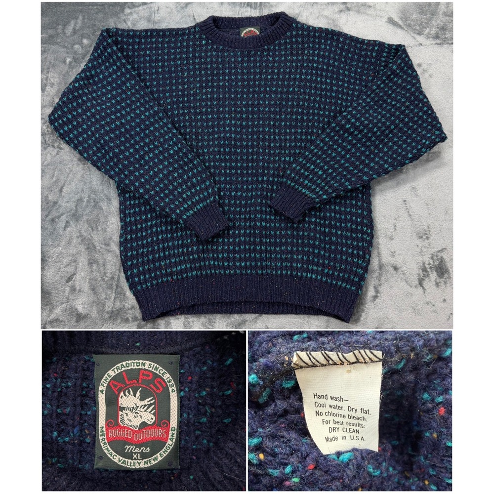 VTG Marrimac Valley New England Alps USA Mens XL Navy Knit wool‎ Sweater Grandpa